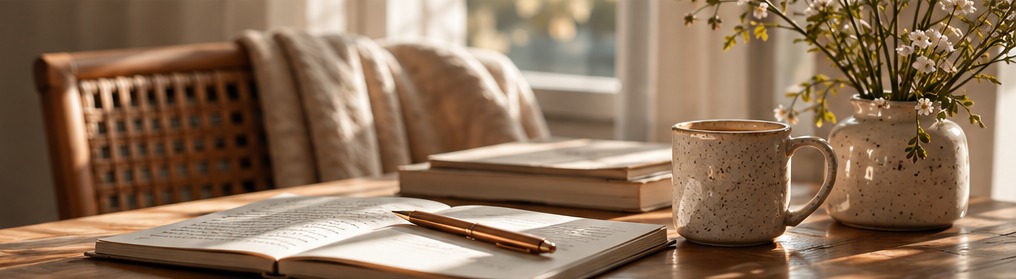 Een rustige schrijftafel in warm ochtendlicht