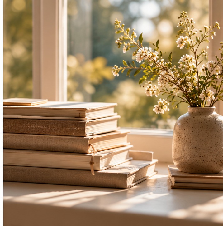 Boeken en bloemen bij een raam