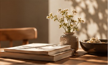 Boeken en bloemen op tafel in zacht licht